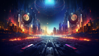 Hightech future of music and dance and djing in festivals with hitech music in psychedelic...