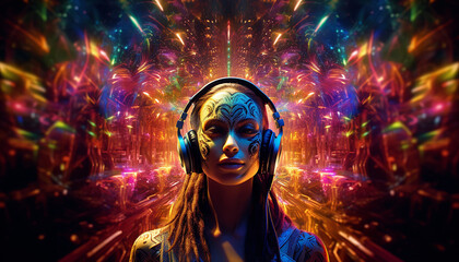 Hightech future of music and dance and djing in festivals with hitech music in psychedelic atmosphere
