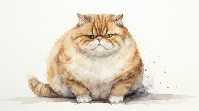 fat cat, cartoon, watercolor painting, white background,
