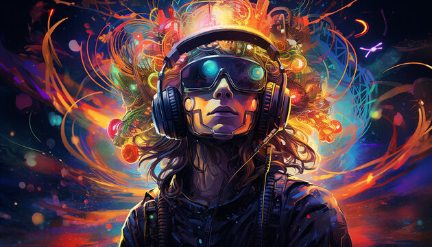 Hightech future of music and dance and djing in festivals with hitech music in psychedelic atmosphere