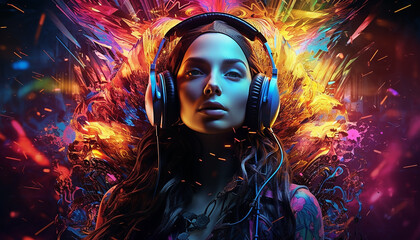 Obraz premium Hightech future of music and dance and djing in festivals with hitech music in psychedelic atmosphere
