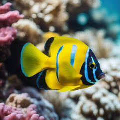 Fototapeta na wymiar Pez de colores amarillo azul verde y negro junto a unos corales 