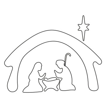 recommend clip art: line drawing of born Jesus with Joseph and Mary illustration vector hand drawn isolated on white background