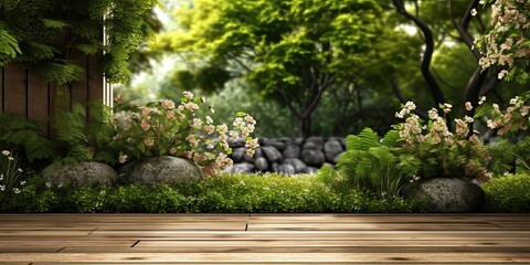 Obraz premium Natural greenery. Wooden background for gardening. Summer vibes. Fresh leaves on table. Rustic wood and green leaf. Perfect blend. Empty desk