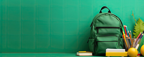 Green school bag with school acessories on green background. banner.