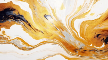 Luxury abstract fluid art painting in alcohol ink technique, mixture of bright colors and gold paints. Imitation of marble stone cut, glowing golden veins. Tender dreamy design. Generative AI.