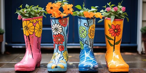 Brightly painted, rain boots used as flowers pots, concept of Vibrant repurposing - obrazy, fototapety, plakaty