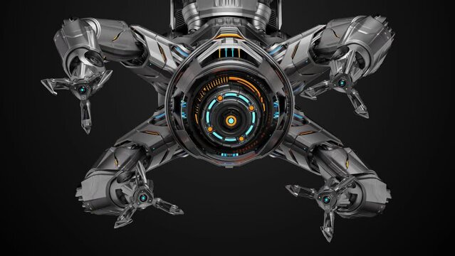 Futuristic machine manipulator equipped with multiple robotic arms for advanced works in nano technology or various space constructions. 3d rendering animation with alpha