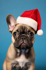 Fawn French Bulldog dog with red santa hat on blue background