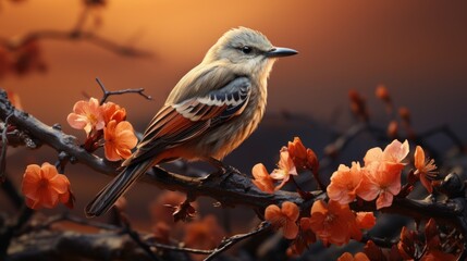 A small bird sitting on a branch of a flowering tree. Warm rays of the sun, dawn.