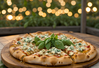 Blue cheese and basil pizza on a wood table on a terrace 