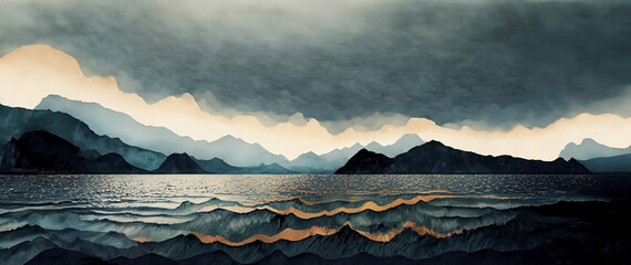 illustrazione con distesa d'acqua al tramonto, orizzonte con pesanti nuvole e montagne scure, tramonto