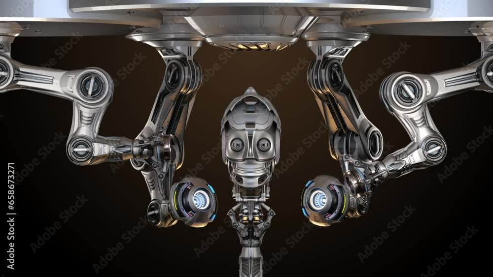 Fototapete futuristic robot head under construction by mechanical assembly arms. cyber factory isolated on dark