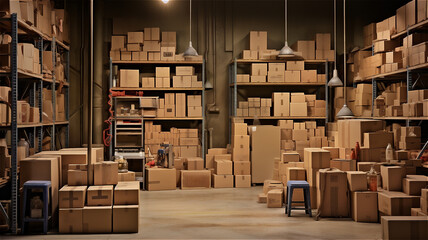 Warehouse with racks filled with cardboard boxes on shelves, created with Generative AI Technology.