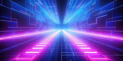 Futuristic Neon Corridor: Computer-Generated Symmetrical Tunnel in Blue and Purple