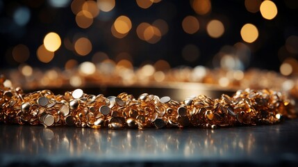 Gold bracelet on dark background with bokeh effect. Luxury jewelry.
