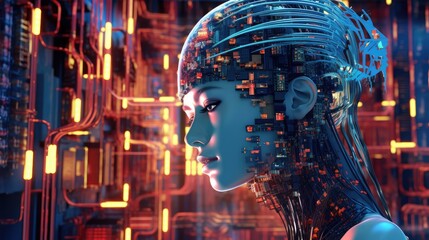 Futuristic Fembot: Female AI Robot in Electronic Circuitry Landscape