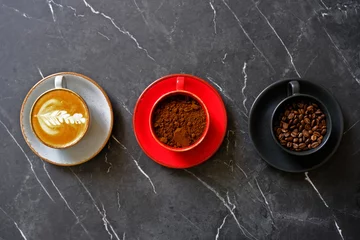 Tuinposter Koffiebar Coffee, coffee beans and coffee powder in cup