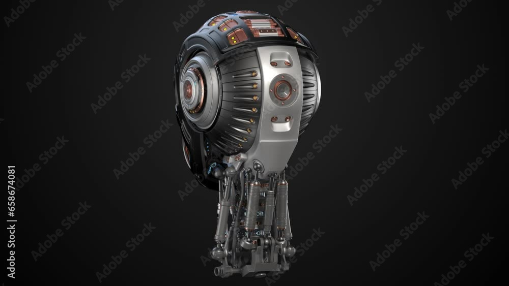Poster turntable 360 degree animation of futuristic robot head or humanoid cyborg. 3d rendering isolated on