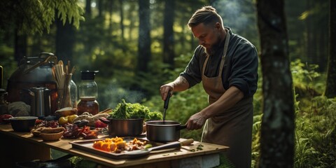 Chef cooking in the middle of a forest using camping equipment, concept of Wilderness cuisine