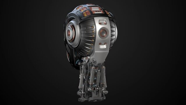 Turntable 360 degree animation of Futuristic robot head or humanoid cyborg. 3d rendering isolated on black background with alpha