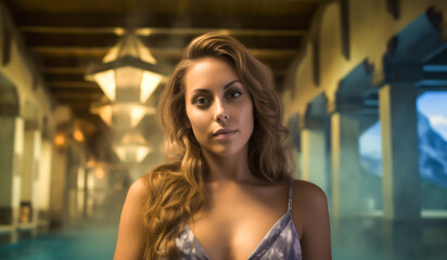 Fototapeta premium Woman posing on the street at night. Lifestyle and beauty concept. AI generated