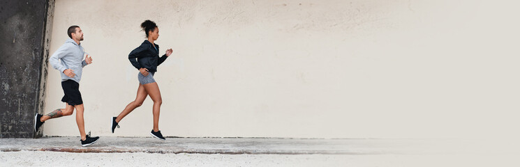 Couple, running and banner on mockup for fitness, workout or exercise together in health and...