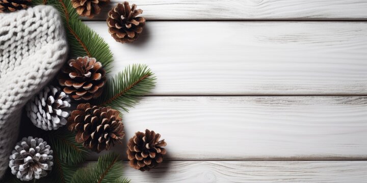 Christmas composition. Christmas gift, pine cones, knitted blanket, fir branches on wooden white background. Flat lay, top view, copy space, generative ai