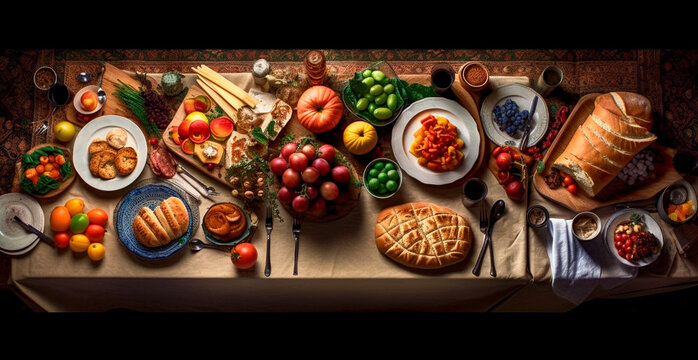 Festive table, many dishes from different countries of the world - AI generated image