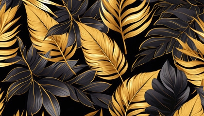 Golden and Black Tropical Leaves Seamless Pattern on a Dark Background: Exotic Botanical Design for Cosmetics, Spa, Textiles, and Hawaiian Style Shirts. Ideal for Wrapping Paper and Wallpaper