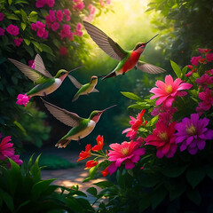 Flying hummingbird with garden in the background. Smallest colorful bird in flight. generative AI