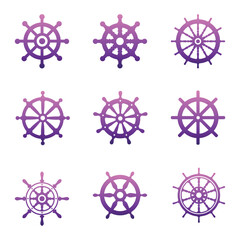 A set of different steering wheels of the ship