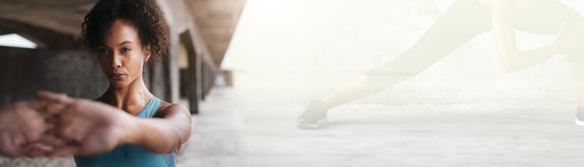 Stretching, banner and woman with fitness doing outdoor exercise or workout for wellness and health in a city. Athlete, double exposure and person prepare for training body muscle in mockup space