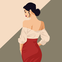 Vector flat fashion illustration, young dark-haired woman with a beautiful figure posing in a stylish pink blouse with bare shoulders and a red skirt.
