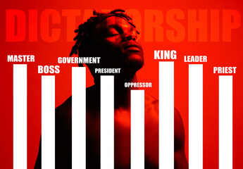 Goverment, graphic and a man on a red background with words for dictatorship or leadership....