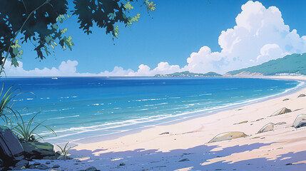 Coastal Dreamscape: Anime-style Scene of a Sunlit Seashore, Generative AI