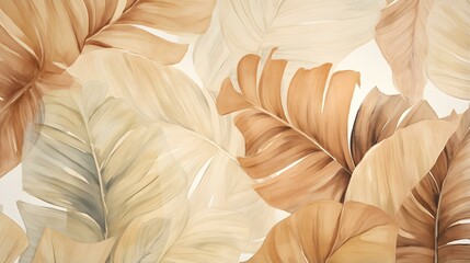 Abstract Background of illustrated Tropical Leaves. Exotic Wallpaper in beige Colors