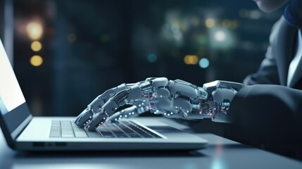 Modern robot typing on laptop