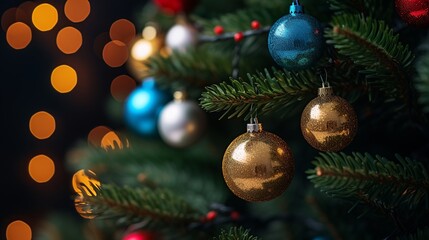 Weihnachtsbaum mit rotgoldenen Ornamenten und Kugeln auf hellem, verschwommenem Bokeh-Hintergrund