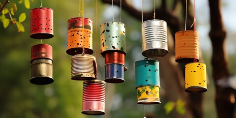 Discarded tin cans creatively stacked and turned into a wind chime, concept of Upcycled art - obrazy, fototapety, plakaty