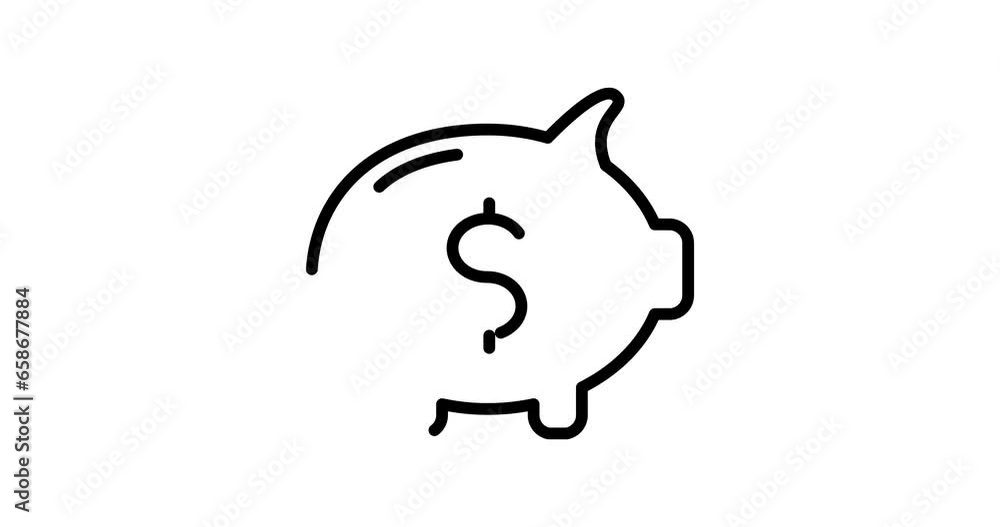 Poster piggybank animated outline icon with alpha channel. piggybank 4k video animation for web, mobile and