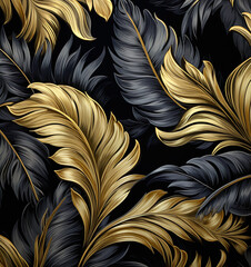 Golden and Black Tropical Leaves Seamless Pattern on a Dark Background: Exotic Botanical Design for Cosmetics, Spa, Textiles, and Hawaiian Style Shirts. Ideal for Wrapping Paper and Wallpaper