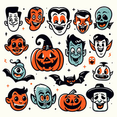 Halloween element collection, Vintage 50s cartoon Illustration
