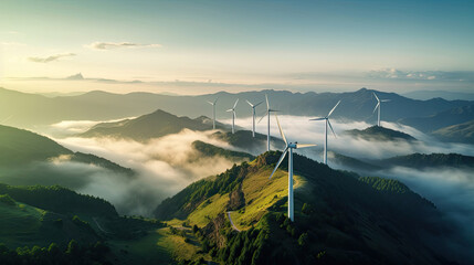Aerial view of Wind turbines generating green power high in mountains. Generative Ai - obrazy, fototapety, plakaty
