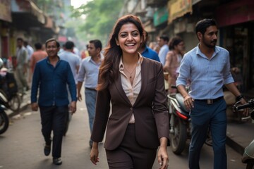 Indian businesswoman smile happy face walking city street