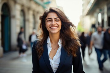 Businesswoman smile happy face portrait on city street