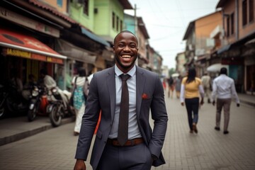 Black African businessman walking street smile happy face
