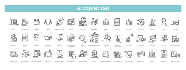 Accounting, audit, taxes icons set. Outline icon collection. Business symbols
