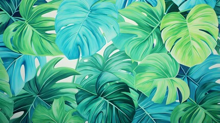 Abstract Background of illustrated Tropical Leaves. Exotic Wallpaper in cyan Colors