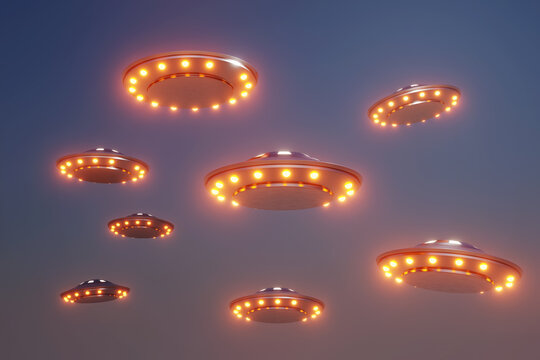 Fleet of UFOs flying in the sky during sunset. Illustration of the concept of extraterrestrial intelligence and aliens